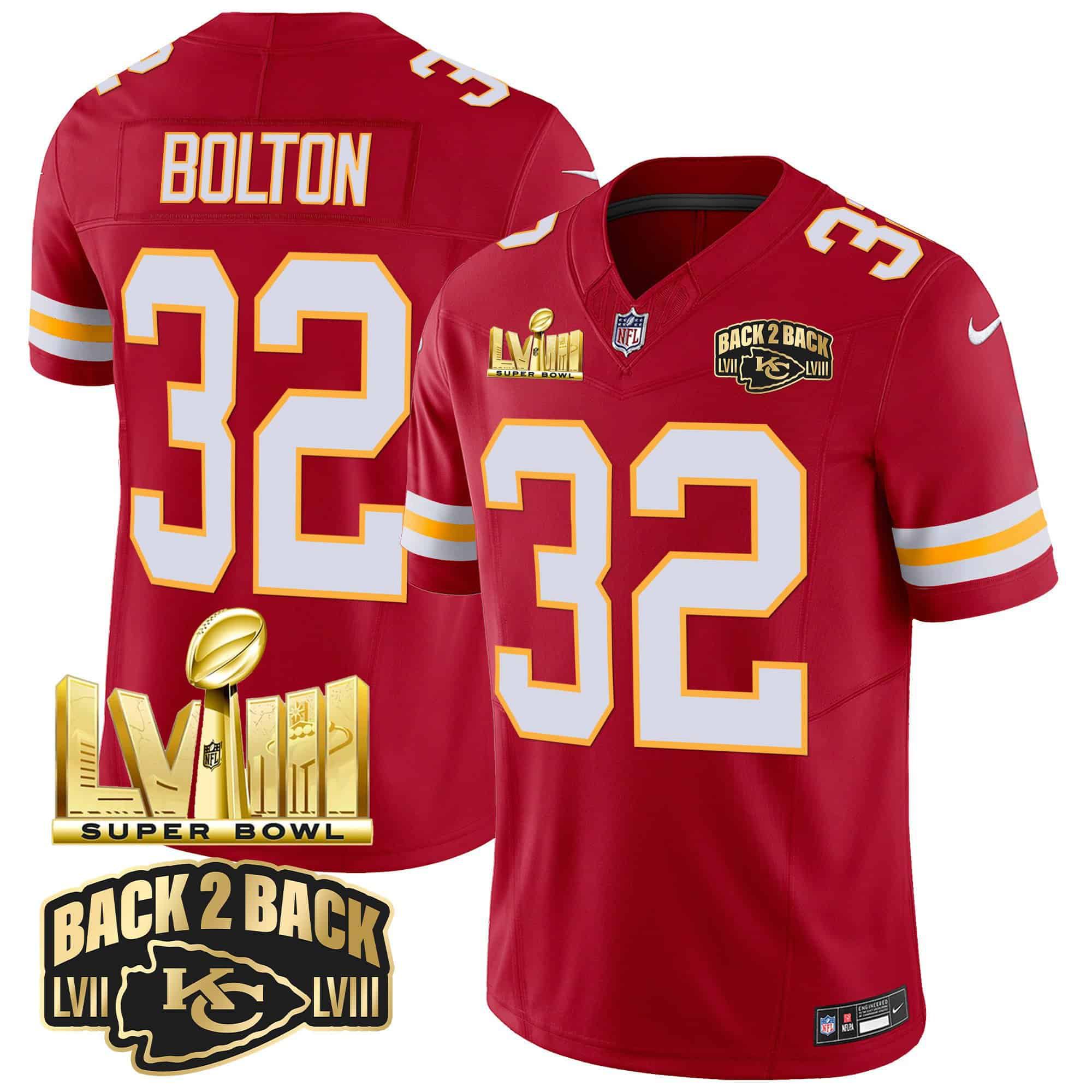 Men Kansas City Chiefs 32 Bolton Red 2024 Nike Super Bowl LVIII & Back 2 Back Gold Patch Vapor NFL Jersey style 3